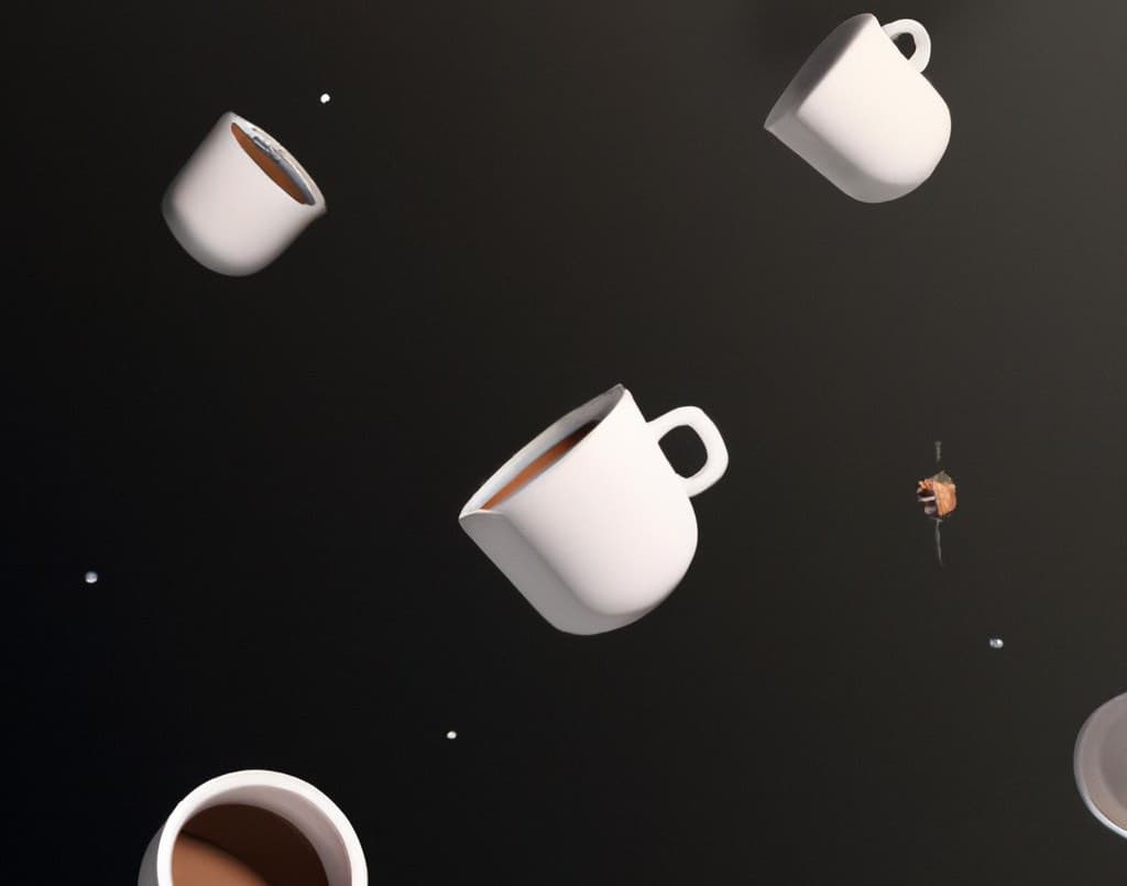 Coffee cups and beans floating in space